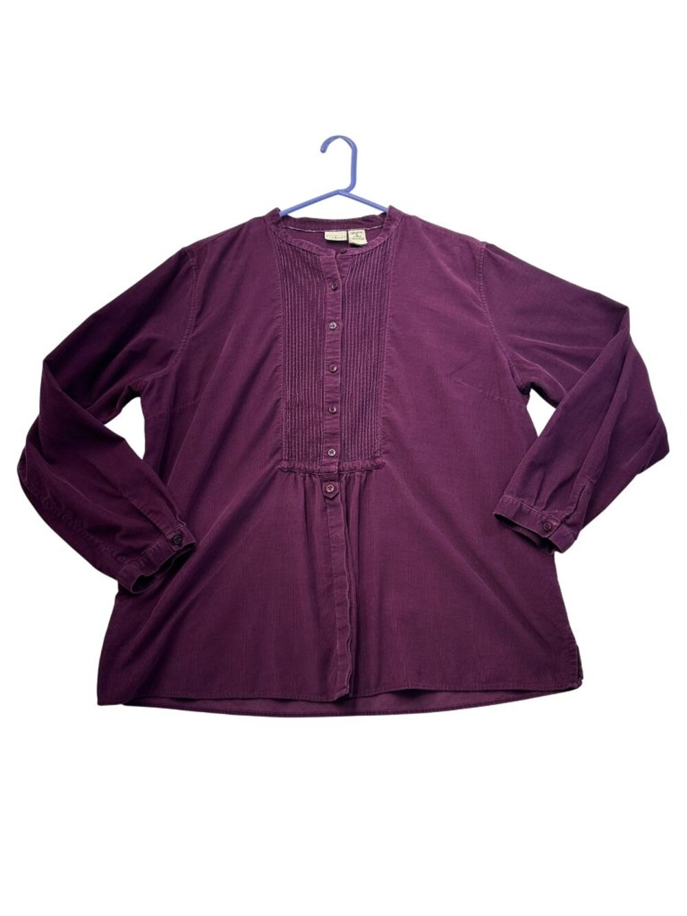 LL Bean Womens Corduroy Pleated Tunic Button Up Shirt Size XL Purple Vintage